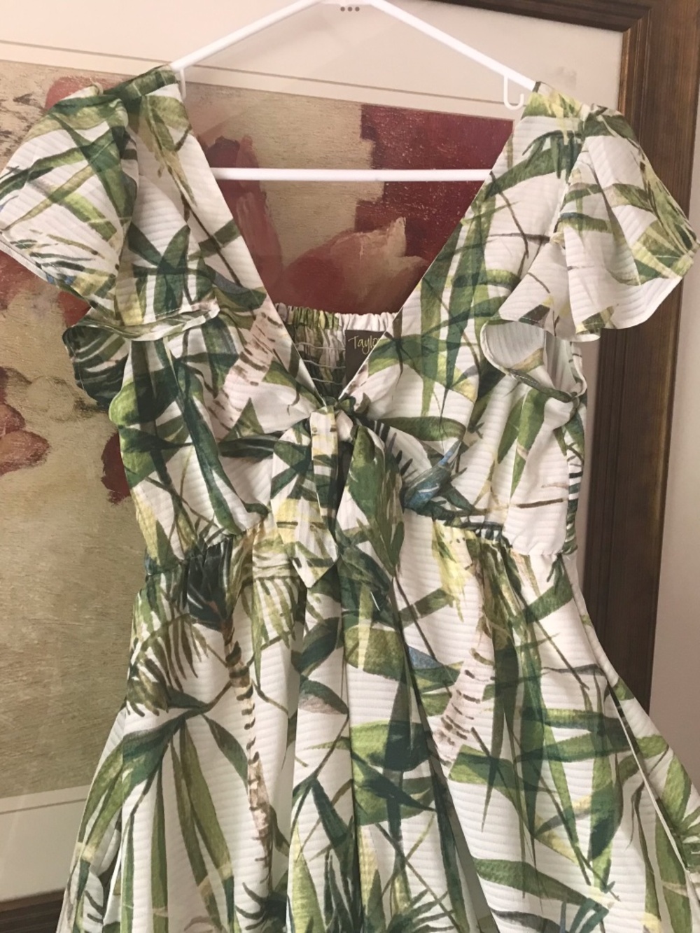 TAYLOR Tropical Bamboo Palms Maxi Dress with Pockets Tie Bodice Smocked EUC Sz 6 - Picture 3 of 12